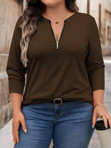 EMERY ROSE Camiseta de manga larga con cuello redondo y media cremallera, corte holgado para tallas grandes - Marrón - Ver 1