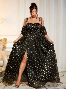 Cravure Váy dự tiệc cỡ lớn dành cho nữ có họa tiết ngôi sao rộng, khoét vai xoắn, viền xẻ cao, thắt eo - màu đen - Xem 6