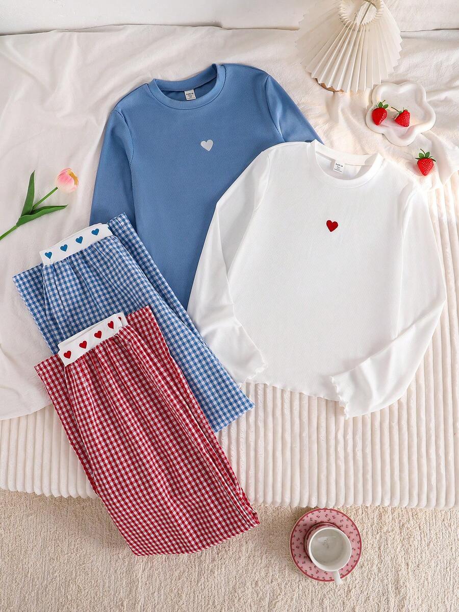 4pcs/Set Teen GirlPink & Blue Long Sleeve Pajama Set Long Sleeve Pajama Sets For Teen Girls Girl S Pajama Sets - Multicolor - View 1