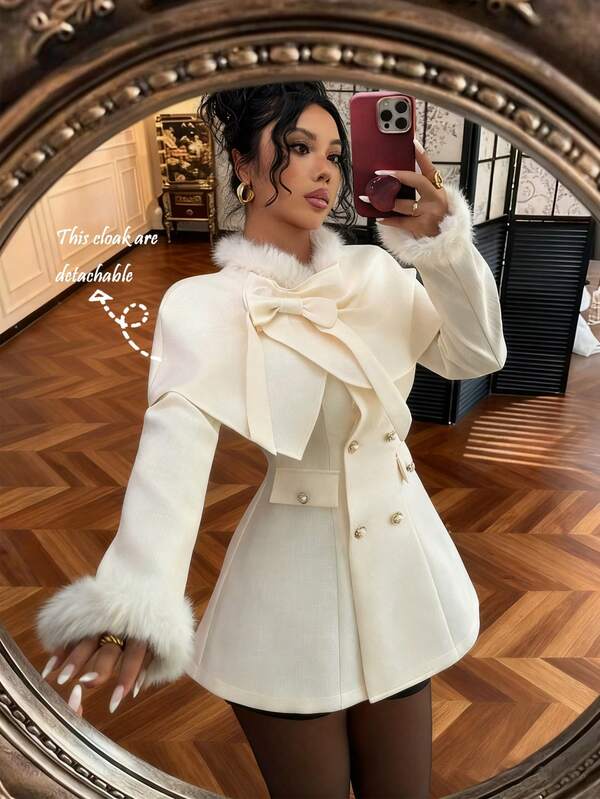SHEIN Elenzya Elegant Apricot Faux Fur Collar Long Sleeve A-Line Design Double-Breasted Bow Pocket Jacket, Suitable For Business Meetings, Weddings, Galas, Commuting, Graduation Parties, Holidays, Dates, And Parties