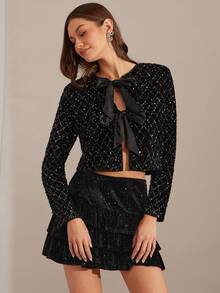 Enchnt Jachetă romantică de damă, neagră, cu paiete strălucitoare, cu funde decorative, mânecă lungă, șic/elegantă/la modă, pentru petrecere/întâlniri/sărbători/absolvire/ieșiri în oraș/Halloween/Crăciun/toamnă/Anul Nou - Negru - Vizualizare 8
