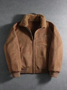 PAVTROS Manfinity Streetrush 男士街头风流行 INS 同款男士夹克外套，街头服饰，冬季夹克，保暖冬装，圣诞节，男友礼物，羊羔绒领夹克，复古夹克，男士棕色夹克，男士摩卡色飞行员夹克 - 棕色 - 查看 1