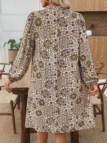 EMERY ROSE 女式休闲全印花缺口领长袖中长连衣裙，秋季 - 彩色 - 查看 2