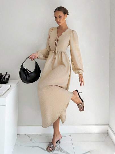 Siren Gaze Vestido corto de manga larga con lazo de unicolor y estilo minimalista casual para mujer