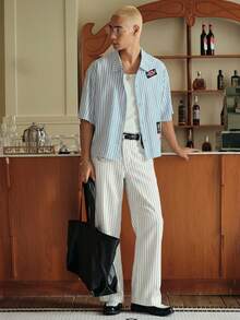 SWAVVY 男士条纹印花褶皱商务休闲正装裤 - 白色 - 查看 5