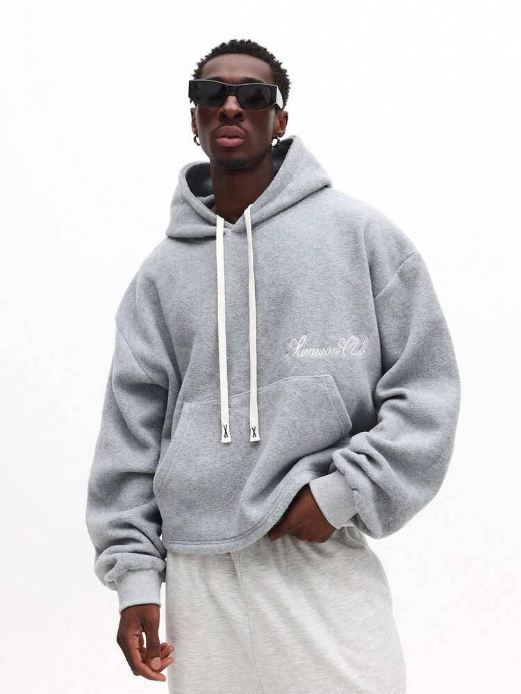 Oversized Heathered Grey Hoodie With Script Embroidery