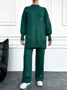 EURMUSE Women's Stand Collar Beaded Drop Shoulder Long Sleeve Sweater And Sweater Pants Two Piece Set - Dark Green - View 5