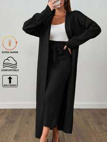 EURMUSE Woman Long Cardigan And Midi Skirt Two Pieces Set Co-Ords - Black - View 7