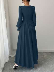Modelyn 优雅纯色甜心领长袖束腰连衣裙，法式时尚 - 水鴨藍 - 查看 2