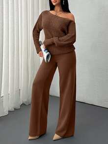 EURMUSE Solid Color Holo Out Batwing Sleeve Sweater, Spring/Fall Season, Long Sleeve Top And Sweater Pant 2pcs Set - Brown - View 5