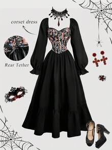SHEIN MOD Women's Vintage Floral Lantern Sleeve Dress, Corset Midi Dress, Peasant Dress,  Vintage Dress, Elegant Dress,Fall Dress,Halloween,New Year Dress,Graduation Dress,Party Outfit,WesternFor Women,Country Concert Outfit,Vampire Costume, Black Corset Dress, Witchy Dress, Vampire Dress, Gothic Dress - Black - View 1