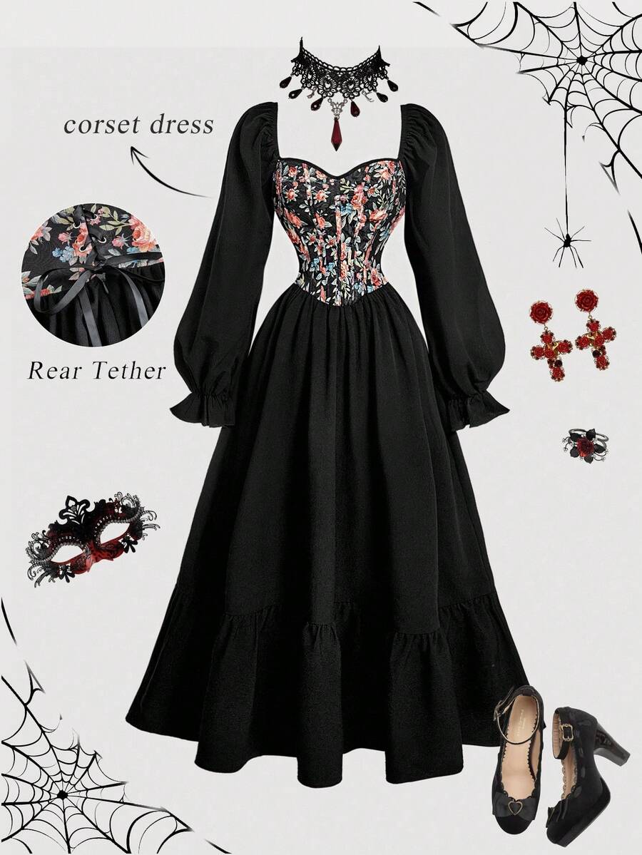 SHEIN MOD Women's Vintage Floral Lantern Sleeve Dress, Corset Midi Dress, Peasant Dress,  Vintage Dress, Elegant Dress,Fall Dress,Halloween,New Year Dress,Graduation Dress,Party Outfit,WesternFor Women,Country Concert Outfit,Vampire Costume, Black Corset Dress, Witchy Dress, Vampire Dress, Gothic Dress - Black - View 1