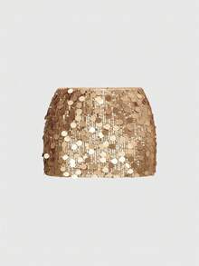 ROMWE EDITION Bộ 2 món áo crop top hở vai đính sequin dự tiệc Y2K gợi cảm cổ điển và chân váy mini cạp thấp dành cho nữ - màu nâu - Xem 7