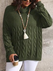 SHEIN LUNE Plus Size Solid Color Minimalist Everyday Long Sleeve Knit Pullover Sweater - Army Green - View 4