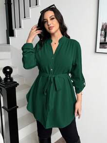 SHEIN Essnce 大码女式秋冬宽松长袖红色长衬衫，V领，适合工作、教师、返校、办公室穿着、春季上衣 - 墨綠色 - 查看 3