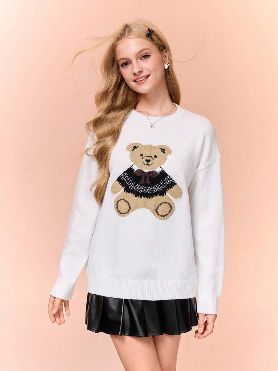 Casual Cute Bear Print Sweater For Teen Girl Suitable For School And Outdoor Wear Fall Winter - White - View 1