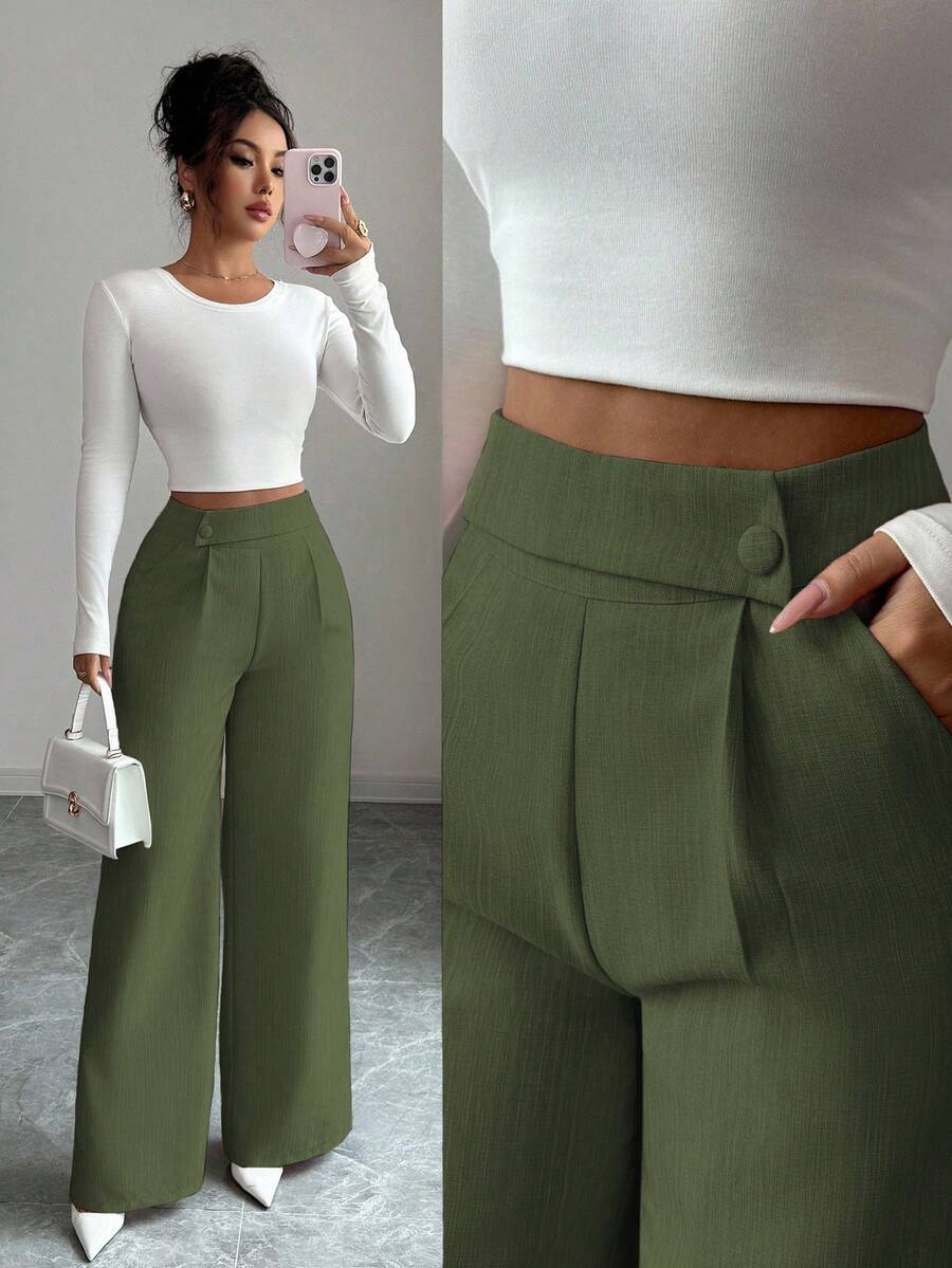 Elenzga Women's Pink Bamboo Fabric Waist Front Overlay Buckle Design Elegant Teacher Uniform Professional Casual, Thanksgiving, Halloween Essential Versatile Loose Flowy Straight Leg Pants - Army Green - View 1