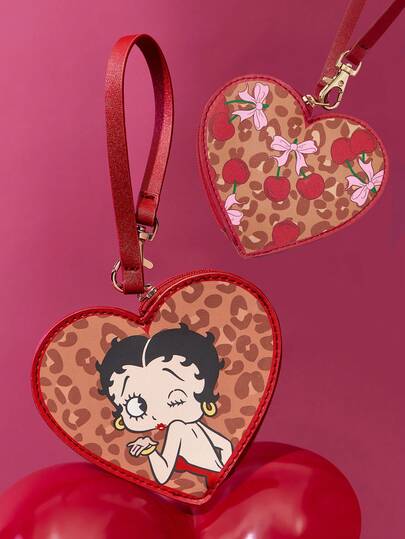 Betty Boop x SHEIN 1个PU皮革爱心卡通图案印花零钱包，配有提手，可挂在包上，适合存放零钱、钥匙、小物件，适合女性，性感、俏皮，豹纹、蝴蝶结、樱桃图案，送礼佳品，派对、节日、情人节礼物之选。
