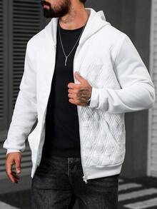 Manfinity CasualCool Men's Casual Everyday Commute Simple Versatile Solid Color Diamond Textured Fabric Zip-Up Hooded Fleece Sweatshirt, Autumn White Long Sleeve Top - White - View 4