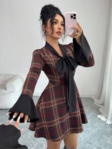 Islaluna Women's Retro Early Autumn Korean Sweet Wine Red Plaid Patchwork Dress With Big Bow Design, Flare Sleeves, Suitable For Dates, Parties, Christmas, Elegant Dress