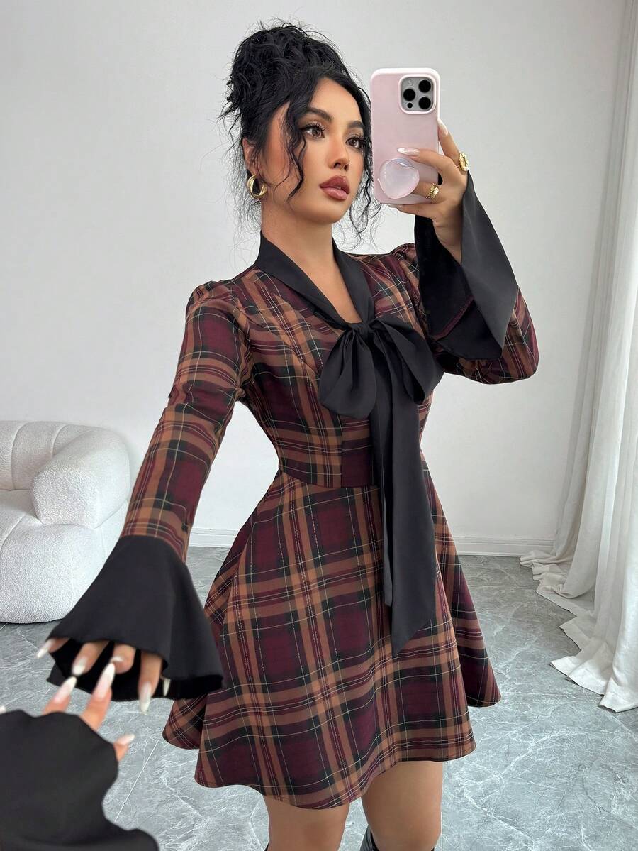 Islaluna Women's Retro Early Autumn Korean Sweet Wine Red Plaid Patchwork Dress With Big Bow Design, Flare Sleeves, Suitable For Dates, Parties, Christmas, Elegant Dress