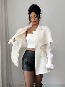 SHEIN Elenzya 优雅杏色人造毛领长袖 A 字形设计双排扣蝴蝶结口袋夹克，适合商务会议、婚礼、联欢晚会、通勤、毕业派对、节日、约会和派对 - 白色 - 查看 7