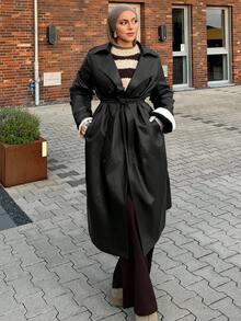 Livesso 新款秋冬宽松休闲加厚优雅装饰PU长款女式外套皮夹克女式大衣 - 黑色 - 查看 8