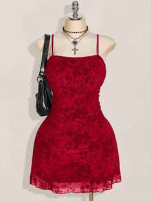 SHEIN ICON 大码女式复古花卉褶皱连衣裙，复古 Y2K 褶皱吊带背心连衣裙，适合秋季、度假、毕业典礼、返校 - 酒紅色 - 查看 1