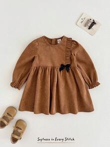 Cozy Pixies Baby Girl Textured Bow Decor Round Neck Long Sleeve Waist Cinched Dress - Brown - View 9