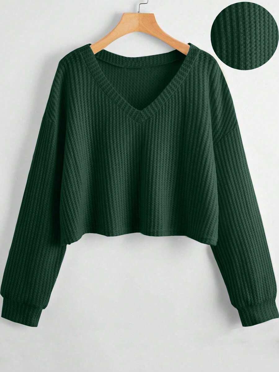 SHEIN Unity Áo thun dài tay hở vai cổ chữ V màu trơn đơn giản dành cho nữ - Màu xanh lá cây đậm - Xem 1