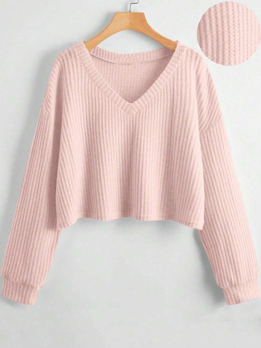 SHEIN Unity Women's Solid Color V-Neck Casual Versatile Long Sleeve T-Shirt - Baby Pink - View 1