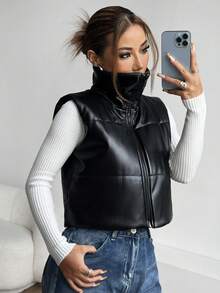 SHEIN EZwear Women Simple Plain Short Leather-Padded Coat , Winter Vest - Black - View 4