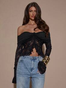 SHEIN BAE Women's Solid Color Lace Patchwork Off Shoulder Long Sleeve Top,Winter,Christmas,New Year, Thanksgiving,Party, Elegant - Black - View 5