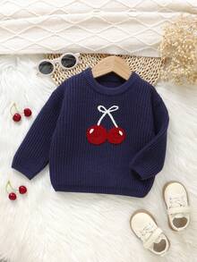 SHEIN Vintaside Kids 1 件女婴圆领长袖毛衣，精致樱桃刺绣，柔软舒适，甜美上衣 - 寶藍色 - 查看 3