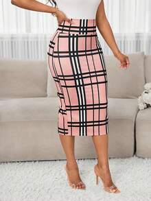 SHEIN Lady 优雅职场彩色格子针织开衩中长裙 商务休闲女式铅笔裙 女士半身裙 修身裙 格子裙 粉色格子裙 - 粉色 - 查看 4