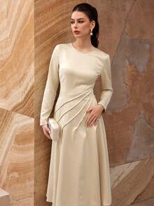 Modelyn Apricot Color High-End French Style Pleated Cinched Waist Elegant Long Sleeve Dress - Apricot - View 2