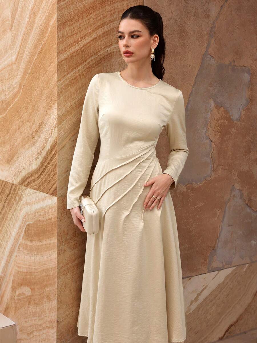 Modelyn Apricot Color High-End French Style Pleated Cinched Waist Elegant Long Sleeve Dress