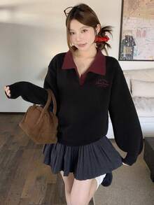 DAZY Suéter casual de estilo coreano con bloques de color para mujer, otoño/invierno - Negro - Ver 5