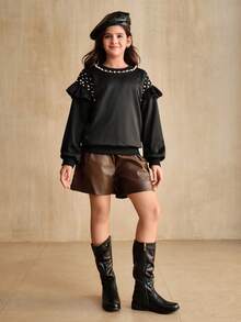 SHEIN Girls' Beaded Sweatshirt With Ruffle Trim Design, Versatile For Indoor And Outdoor Wear, Suitable For Autumn/Winter - Black - View 4