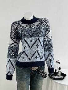 SHEIN Unity 1 Áo len chui đầu thêu hạt cườm thanh lịch dành cho nữ, mặc hàng ngày, màu xanh lam - Màu xanh lam - Xem 5