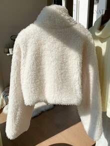 Comfortcana 女式休闲通勤撞色结饰前人造毛皮夹克，秋冬 - 米色 - 查看 2