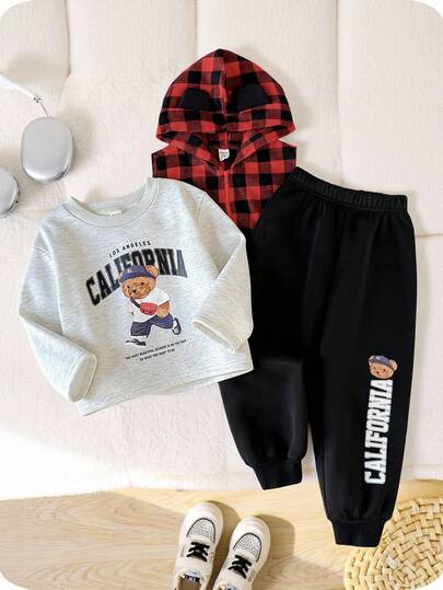 Leap Crew 3pcs Set, Boys Cotton Vest + Sweatshirt + Sweatpants, Suitable For Children Casual Wear, Back To School, Opening Ceremony, Daily Wear, School, Travel, Sports, Autumn/Winter, New Year, Christmas