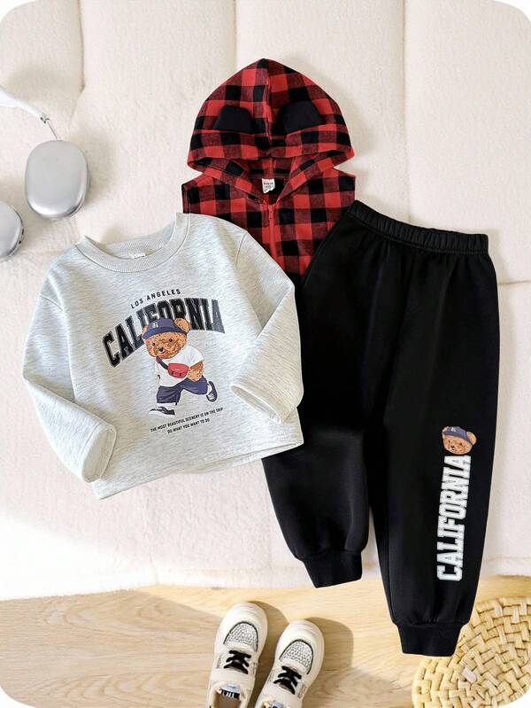 Leap Crew 3pcs Set, Boys Cotton Vest + Sweatshirt + Sweatpants, Suitable For Children Casual Wear, Back To School, Opening Ceremony, Daily Wear, School, Travel, Sports, Autumn/Winter, New Year, Christmas