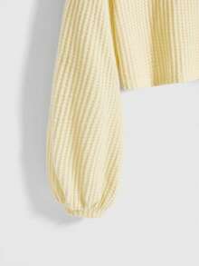 ROMWE Kawaii Kaos Crop Top Wanita Kasual Warna Polos dengan Leher Asimetris - Angsa kuning - View 4