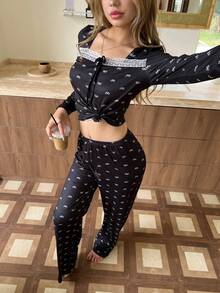 SHEIN 蝴蝶结图案蕾丝边长袖上衣和裤子休闲女式睡衣套装秋冬服装 - 黑色 - 查看 14