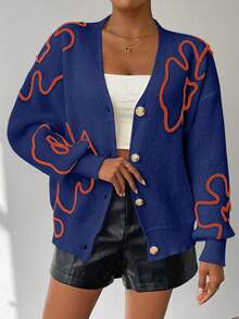 Chiquease Cardigan lejer cu nasturi, model floral, casual, pentru femei, toamnă/iarnă - Verde albastrui - Vizualizare 6