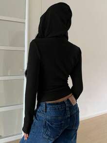 SHEIN EZwear Vintage Style Zip-Up Hooded Fitted Jacket, New Arrival For Autumn Long Sleeve Black Top Black Shirt Women Black Top Zip Up Sweater Black Zip Up - Black - View 2