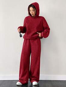 SHEIN EZwear Bộ 2 áo nỉ len dệt kim lót nhiệt cỡ lớn màu đỏ và quần dài ống rộng - Màu Hoa hồng đỏ - Xem 4