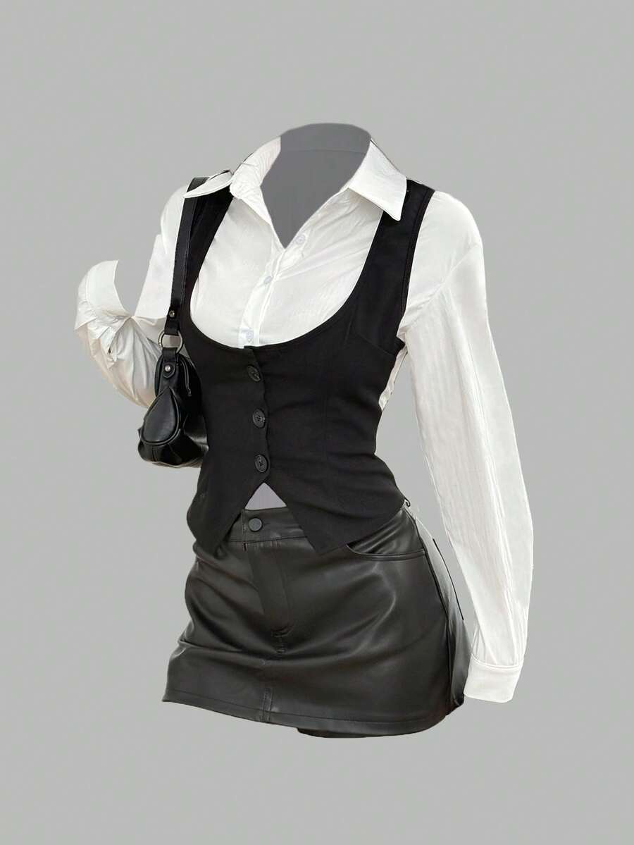 Sweetra 复古法式性感制服风夏季新款翻领二合一收腰修身辣味甜美风女式衬衫 - 黑與白 - 查看 1