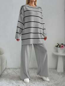 EURMUSE Conjunto de suéter con parte superior de manga larga de cuello redondo con patrón de rayas y pantalones de unicolor para mujer - Gris Claro - Ver 3